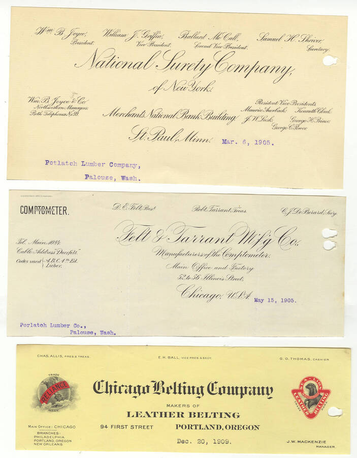 Letterheads for: National Surety Company, Felt & Tarrant Manufacturing Company, and Chicago Belting Company.