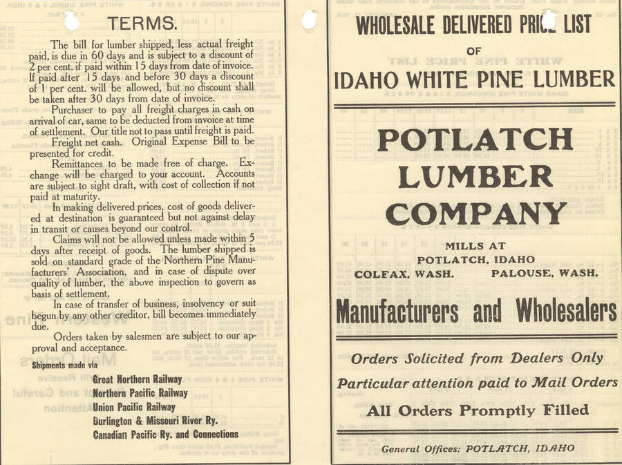 The cover and back of the wholesale delivered price list of Idaho White Pine Lumber from the Potlatch Lumber Company.