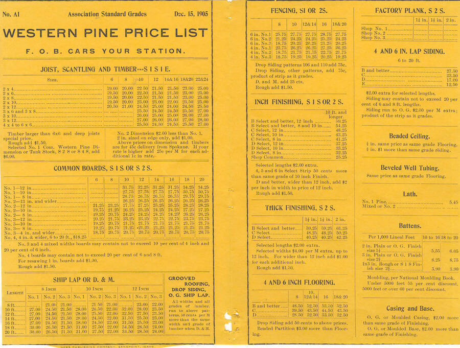 A Western Pine Price List of association standard grades of lumber.