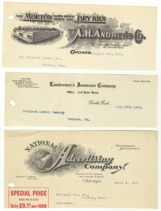Letterheads for: The Morton Down Draft Moist Air Dry Kiln, Lumbermen's Insurance Company, and National Advertising Company.