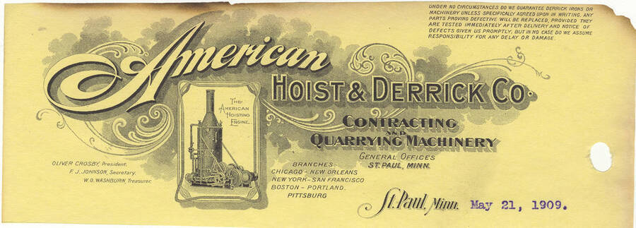 American Hoist & Derrick Co., a contracting and quarrying machinery company based in St. Paul Minnesota, letterhead.