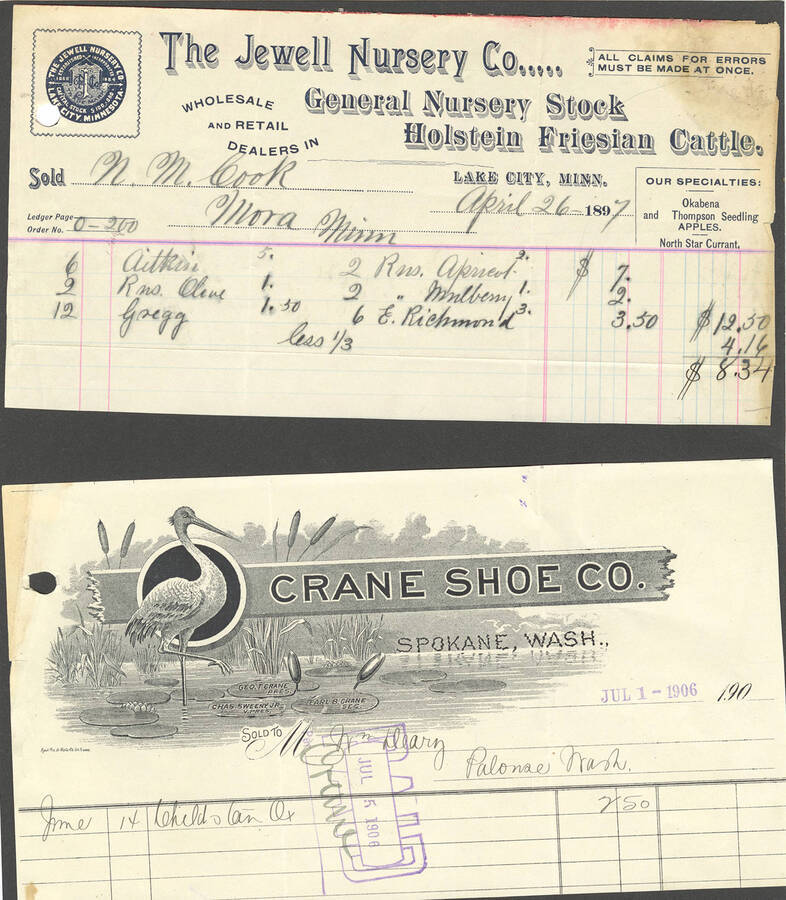 Letterheads on invoices from The Jewell Nursery Company and the Crane Shoe Company.