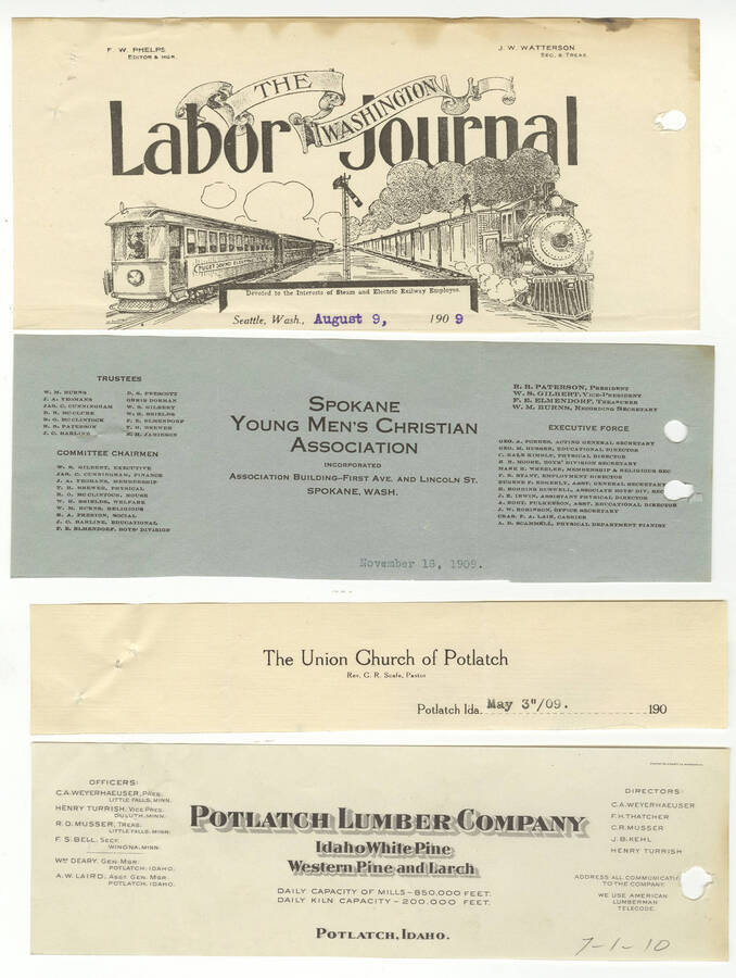 Letterheads for: The Washington Labor Journal, Spokane Young Men's Christian Association, The Union Church of Potlatch, and the Potlatch Lumber Company.