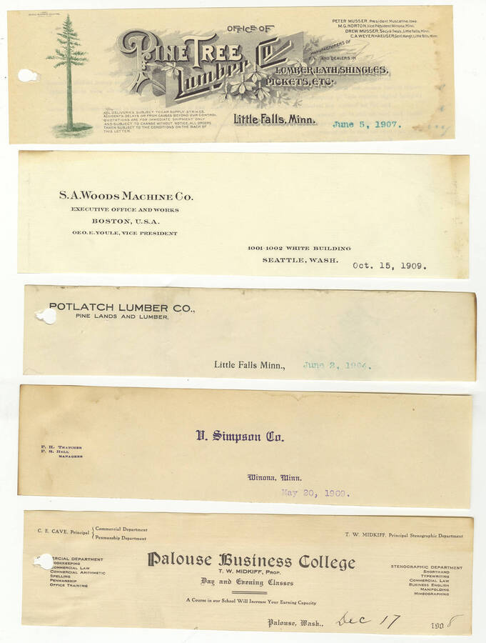 Letterheads for: Pine Tree Lumber Company, S.A. Woods Machine Company, Potlatch Lumber Company, D. Simpson Co., and the Palouse Business College.