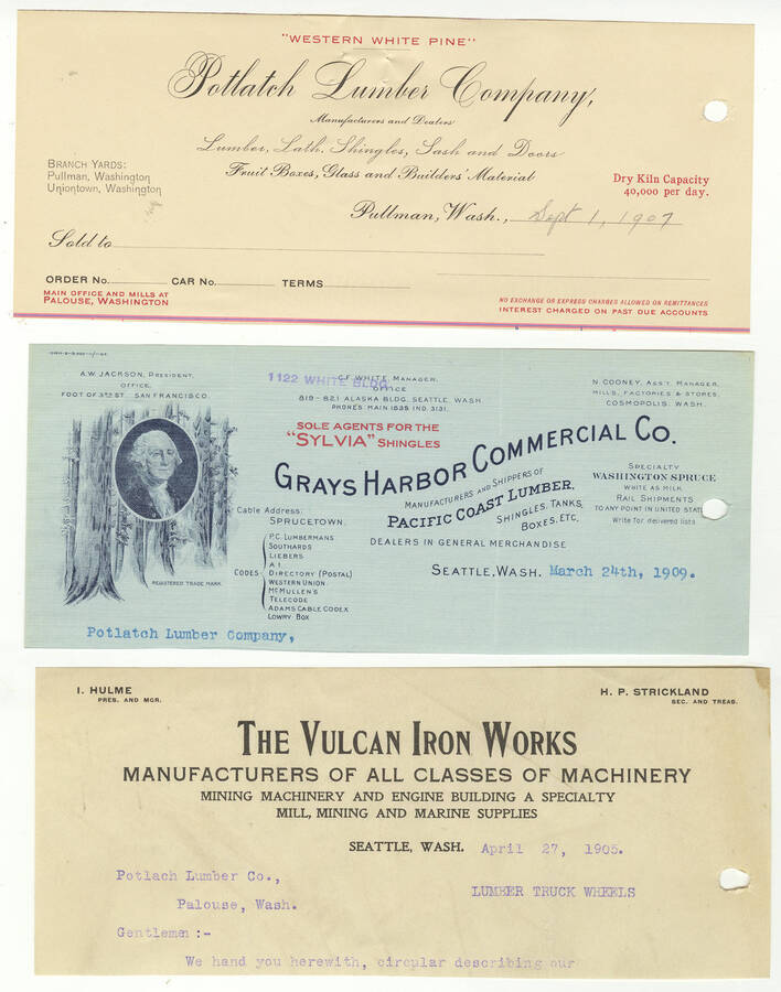 Letterheads for: Potlatch Lumber Company, Grays Harbor Commercial Lumber Company, and The Vulcan Iron Works manufacturers of all classes of machinery.