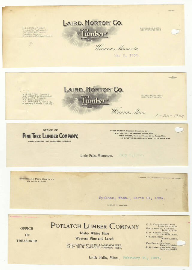 Letterheads for: Laird Norton Lumber Company, Pine Tree Lumber Company, Northland Pine Company; and the Potlatch Lumber Company's Office of Treasurer.