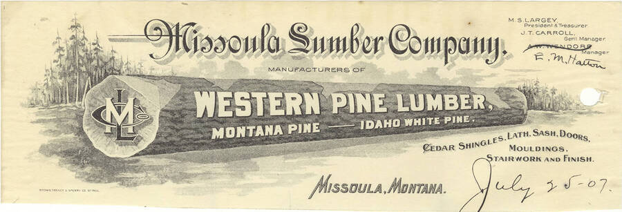 Missoula Lumber Company, manufacturers of western pine lumber letterhead.