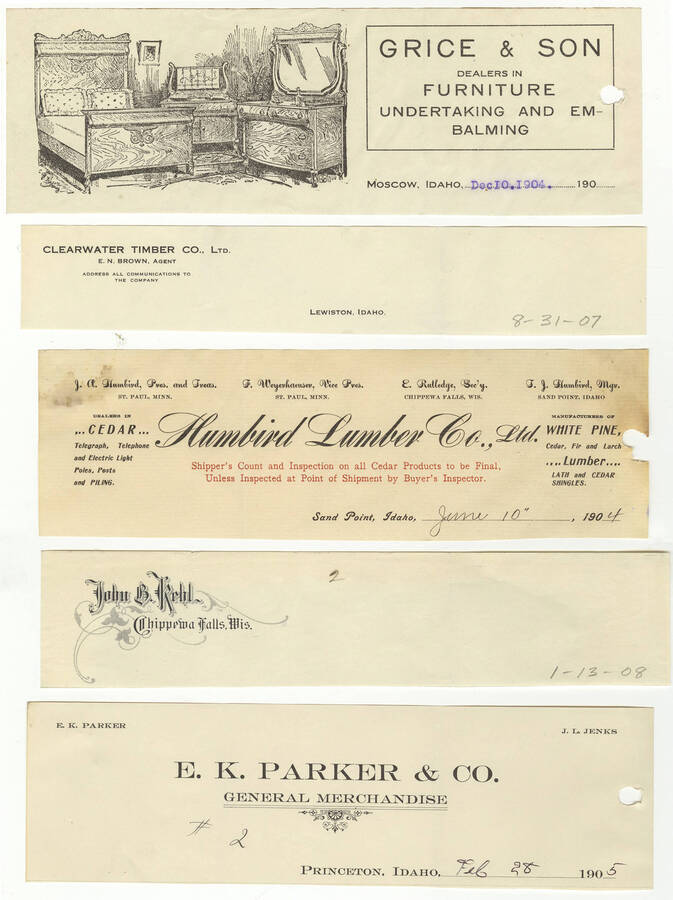 Letterheads for: Grice & Son Furniture Dealers, Clearwater Timber Company, Humbird Lumber Company, John B. Rehil, and E. K. Parker & Company General Merchandise.