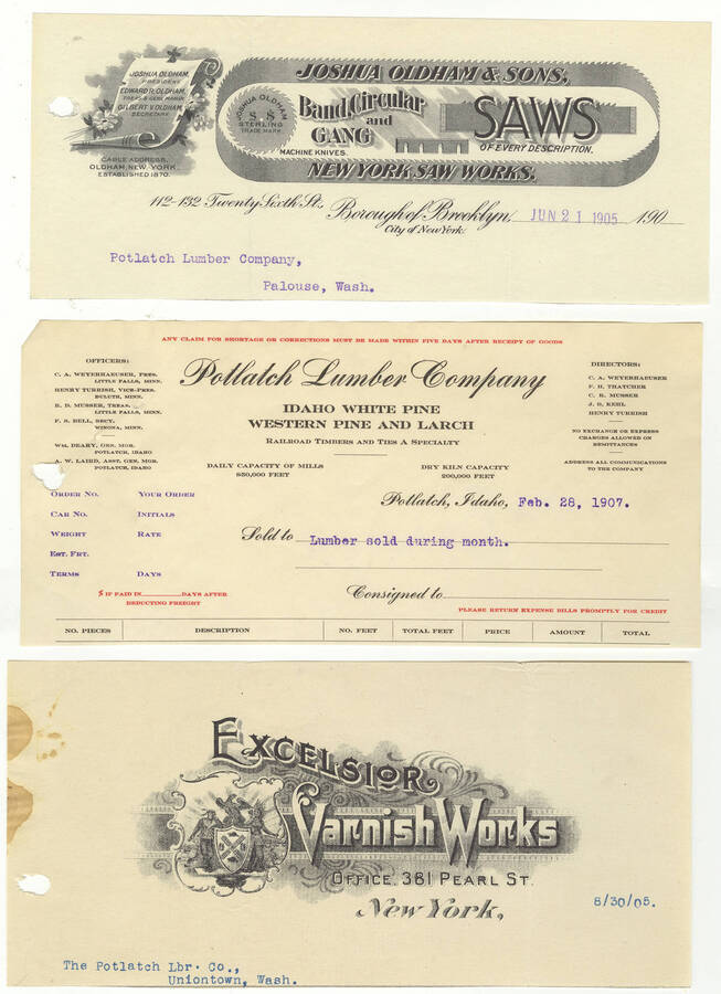 Letterheads for: Joshua Oldham & Sons band, circular, and gang saws; Potlatch Lumber Company; and Excelsior Varnish Works.