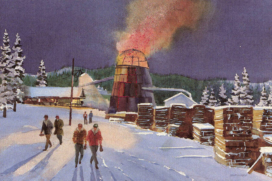 This painting of a sawmill, with its glowing wigwam burner, was inspired by the scene of workers leaving a small northern Idaho mill at the end of their shift. Alf Dunn, University of Idaho Professor Emeritus of Art, created the watercolor. Bennett Lumber Products, Inc. has generously made the production of this card possible. The sale of this card, a fund-raising project of the Latah County Historical Society, helps us to preserve and interpret the heritage of Latah County.