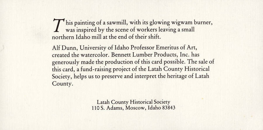 A description of the Sawmill Watercolor Card crediting the artist and those who made the production of the card possible.