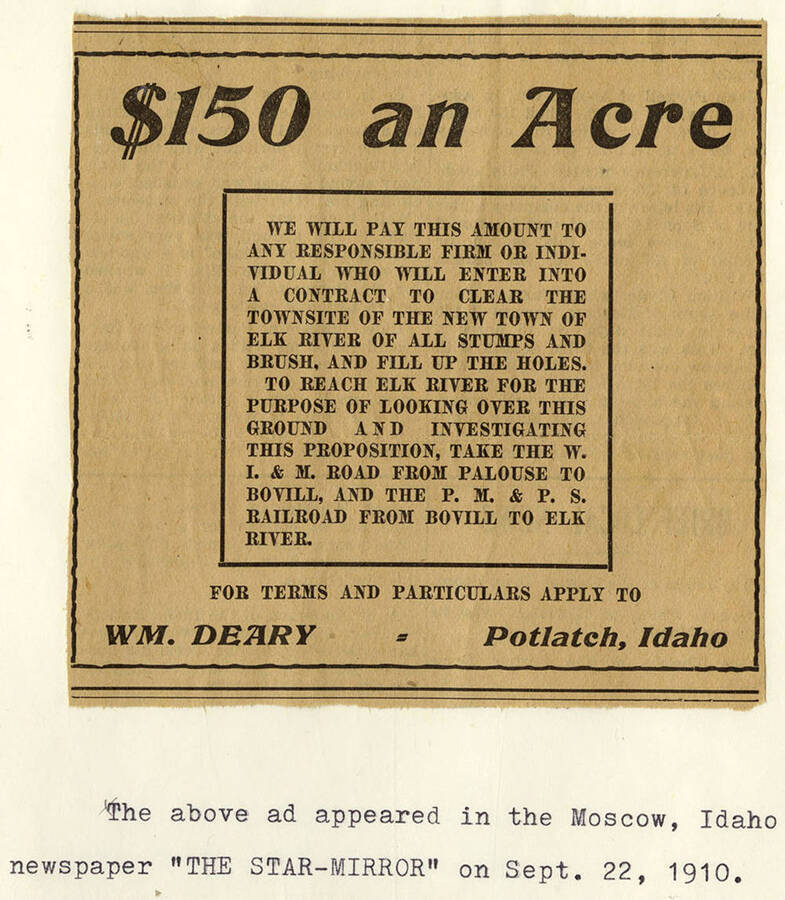 An advertisement from 'The Star-Mirror' newspaper for employment of any individual willing to clear stumps and brush in Elk River. The advertisement includes directions to the job site and information needed to apply.