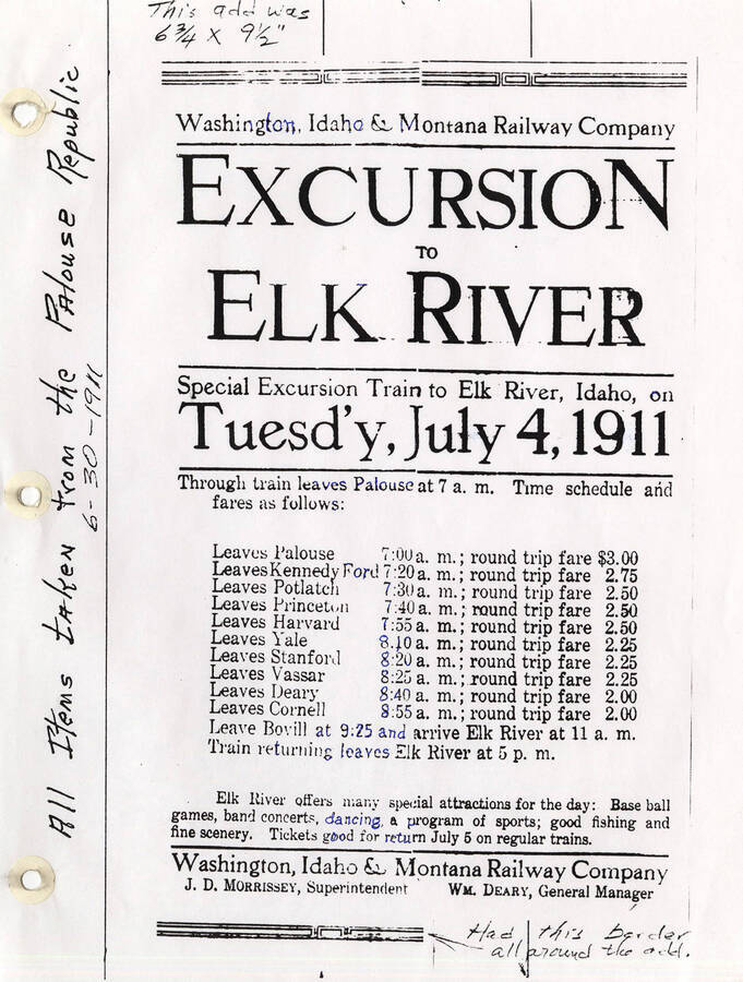 An advertisement from the 'Palouse Republic' for a special excursion train to Elk River Idaho by the Washington, Idaho and Montana Railway Company on Tuesday July 4, 1911 for special attractions such as dancing, baseball, concerts, and games. The advertisement includes a time schedule and fares for the train.