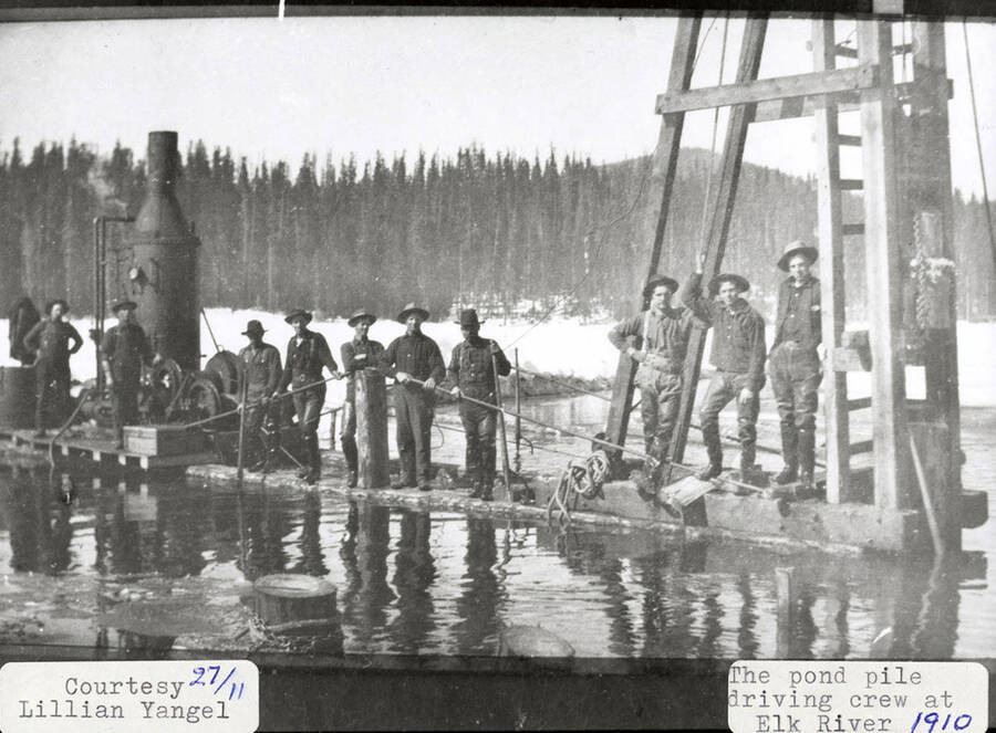 A photograph of the pond pile driving crew at Elk River.