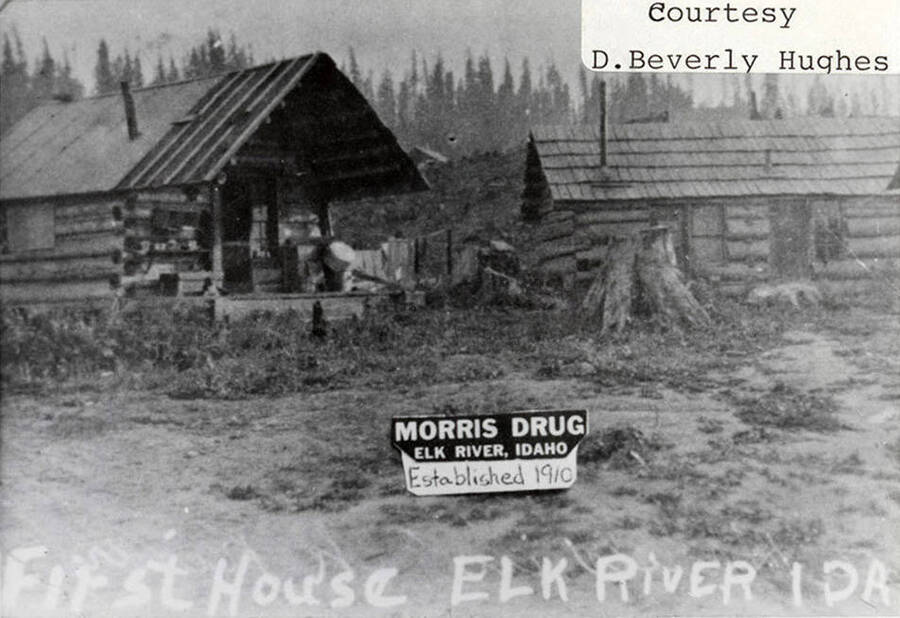 A photograph of the first house in Elk River, Idaho which became Morris Drug.