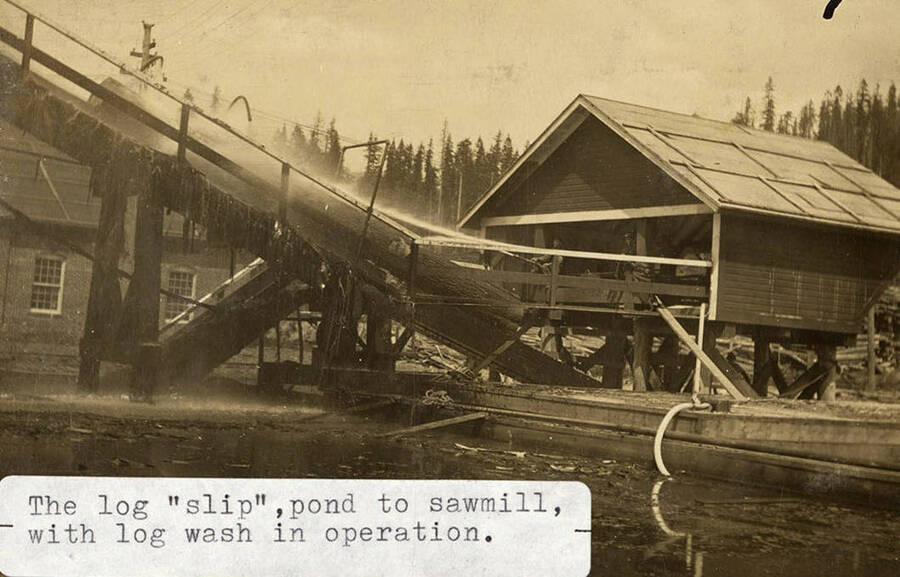 A photograph of the log 'slip,' depicting how a log went from the pond to the sawmill with the log wash in operation.