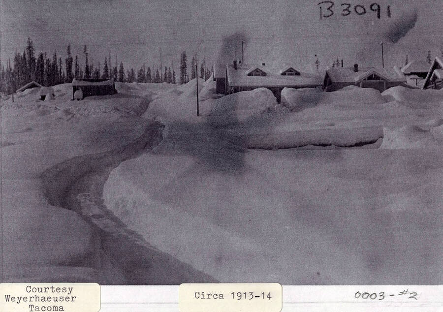 A photograph of homes in Elk River, ID buried in several feet of snow.