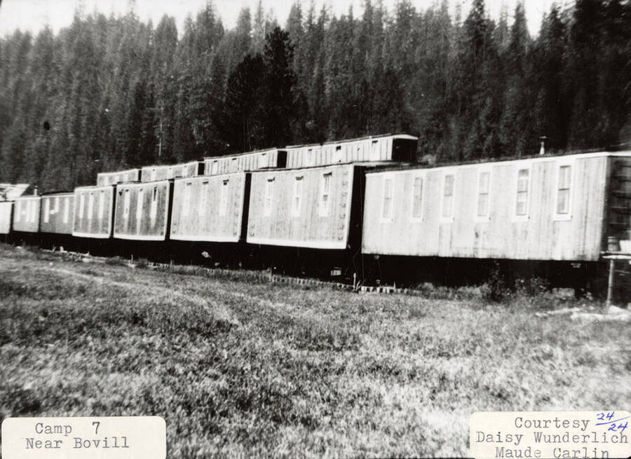 View of railroad cars at camp 7, which is located near Bovill, Idaho.