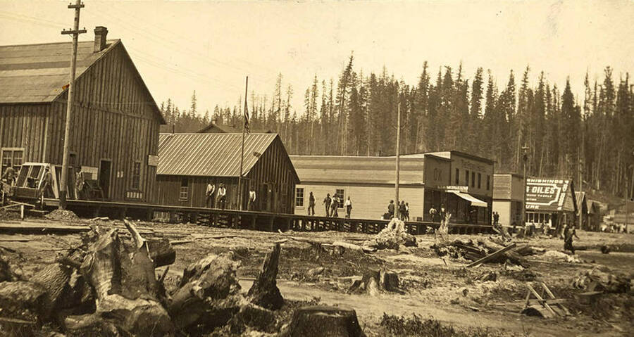 A photograph of several buildings and civilians in Elk River, Idaho.