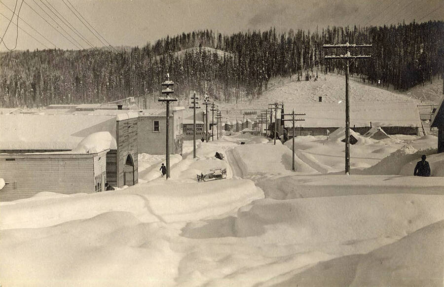 A photograph of snow covered buildings in Elk River, Idaho