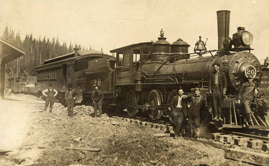 A photograph of men and a train in Elk River, Idaho.