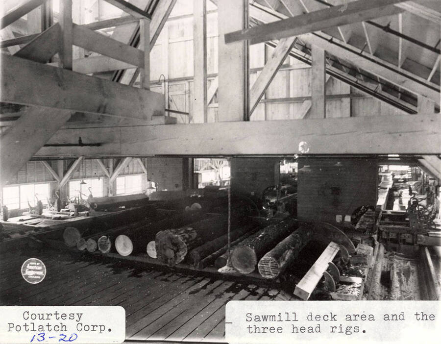 A photograph of a sawmill deck area and the three head rigs.