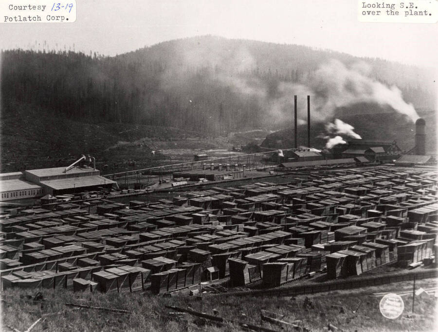 A photograph looking southeast over the Elk River Sawmill Plant.