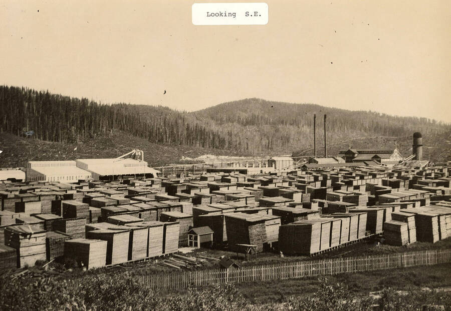 A photograph looking southeast over the Elk River Sawmill plant.