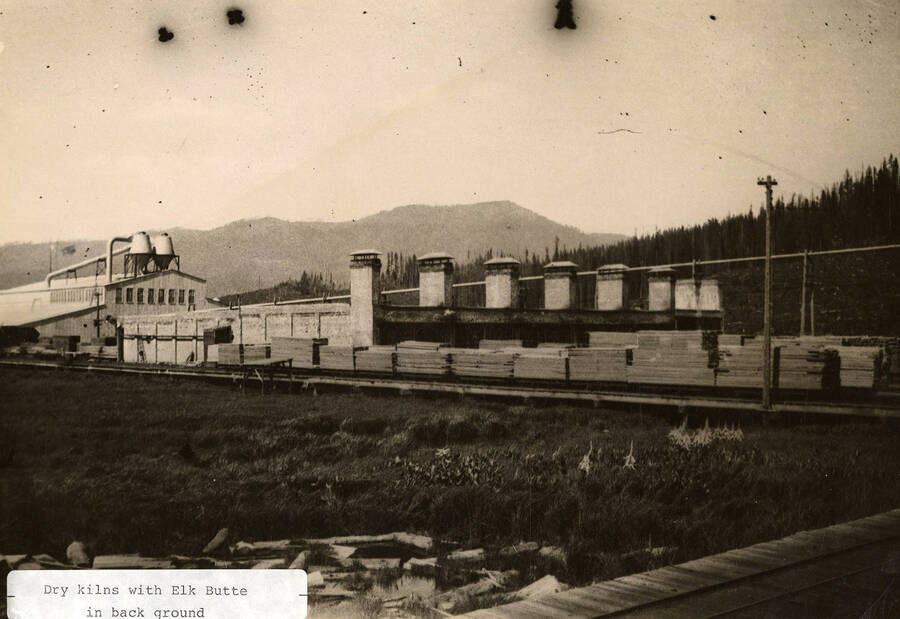 A photograph ot the dry kilns at the Elk River Sawmill with Elk Butte in the background.