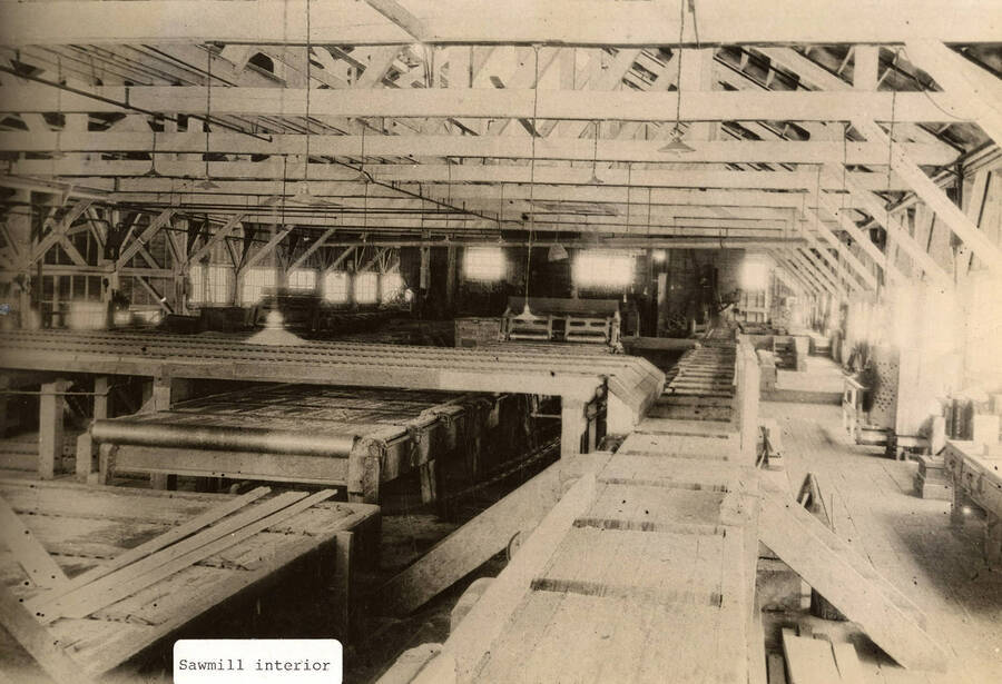 A photograph of the interior of the Elk River sawmill.