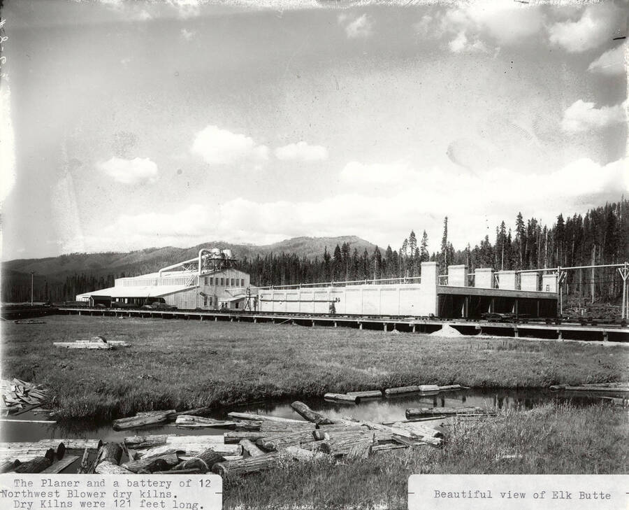 A photograph of the Planer and a battery of 12 Northwest Blower dry kilns that were 121 feet long. Behind is a view of Elk Butte.