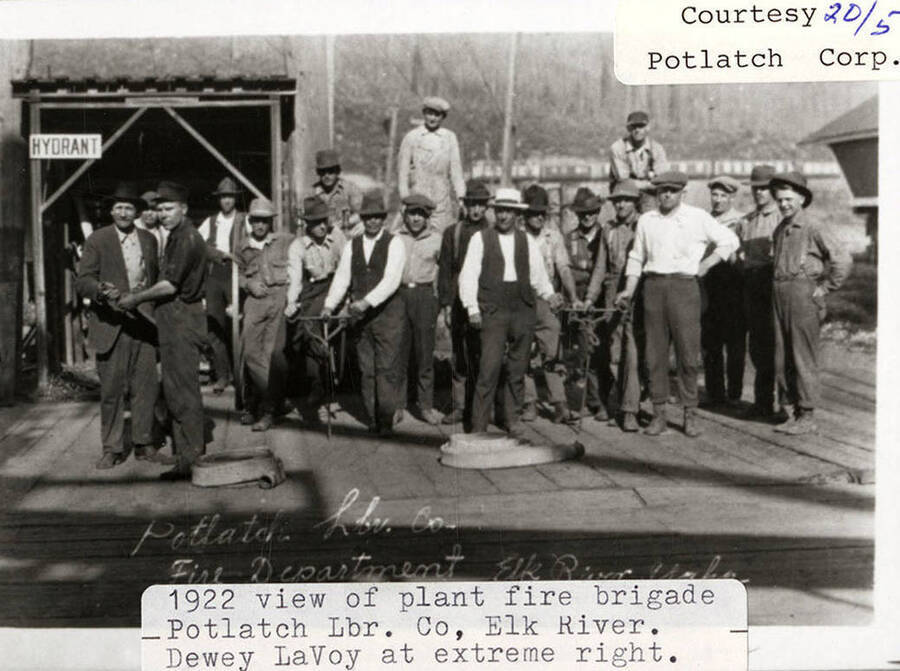 A photograph of the plant fire brigade for Potlatch Lumber Company of Elk River in 1922 with Dewey LaVoy at the extreme right.