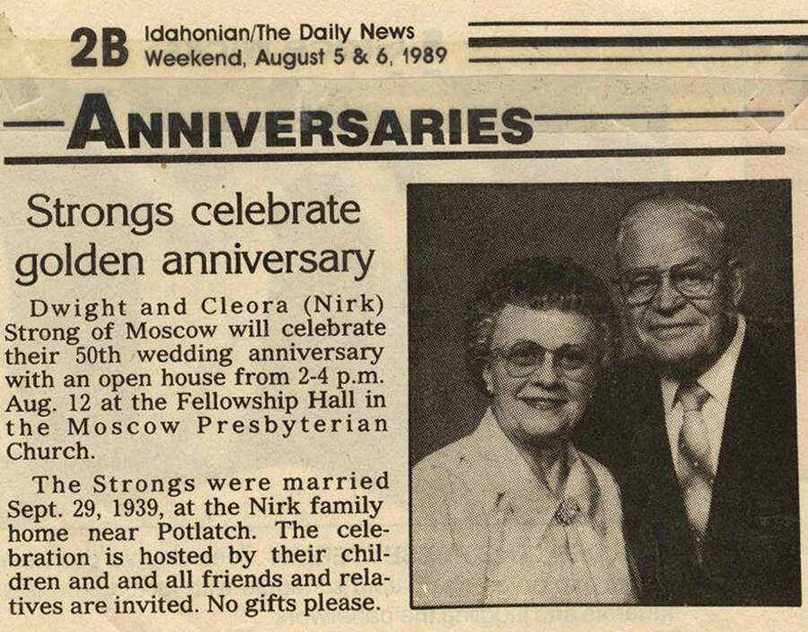 A newspaper clipping from the Idahoan/The Daily News announcing Dwight and Cleora (Nirk) Strong's 50th wedding anniversary on September 29, 1989 along with a date and location for a celebration.