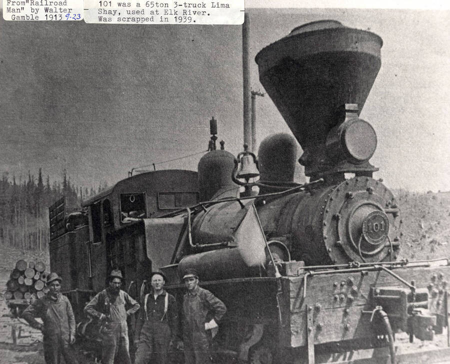 A photograph of the 101 locomotive used at Elk River that was a 65 ton, 3-truck, Lima Shay scrapped in 1939. Photograph from 'Railrad Man' by Walker Gamble.