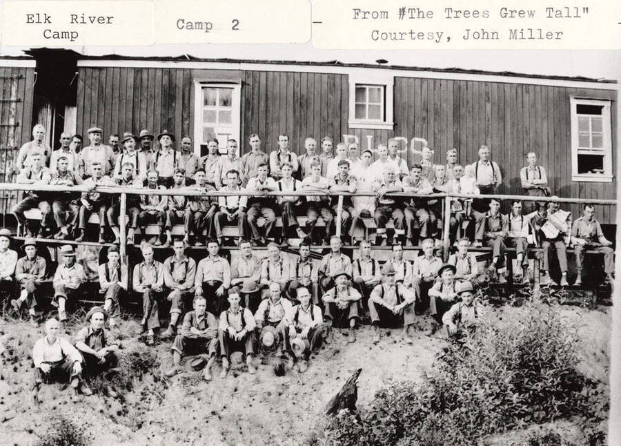 A photograph of the men of Elk River Camp 2 from 'The Trees Grew Tall,' courtesy of John Miller.