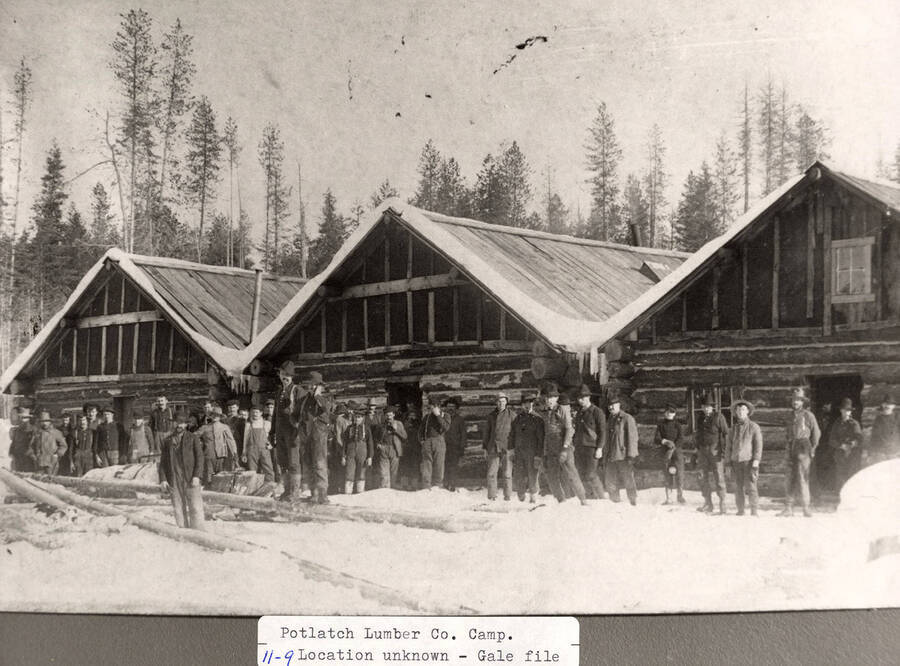 A group of loggers standing outside a few log cabins at a PLC camp.