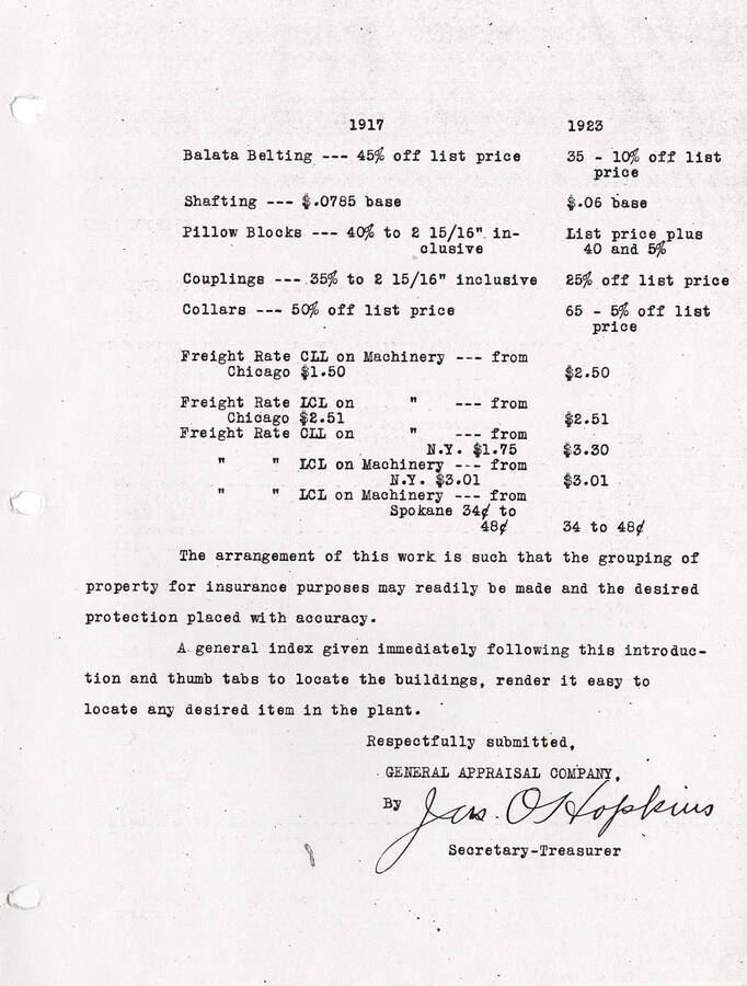 A continuation of the introduction to the appraisal of the Elk River plant. This document finishes the list of prices and summary values used to appraise Elk River and is signed by the Secretary-Treasurer of General Appraisal Company.