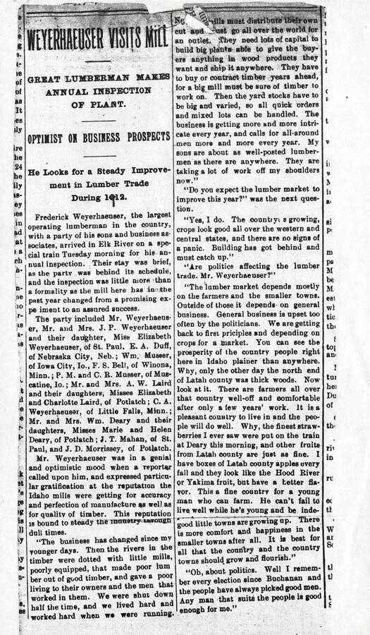 A newspaper article about Frederick Weyerhaeuser coming to Elk River to do an annual inspection of the plant. The article goes into detail about Weyerhaeuser's belief of the lumber industries prospects and the affect politics has on lumber.