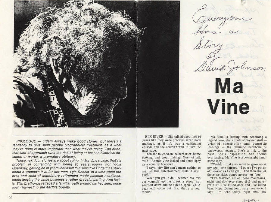 The beginning of a section from 'Everyone has a Story' by David Johnson entitled 'Ma Vine.' The photo contains an image of Ma Vine, the prologue, and a few paragraphs into the story.