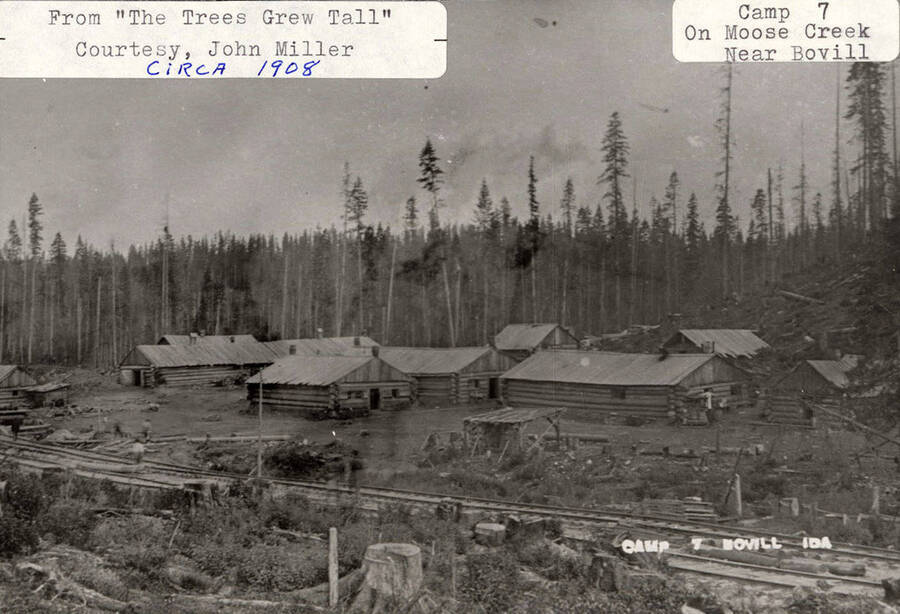 View of Camp 7, which is located on Moose Creek near Bovill, Idaho. Log cabins are scattered around and a railroad runs through the camp.