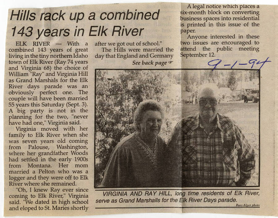 An article about William 'Ray' and Virginia Hill's history together for the past 55 years and their time in Elk River that lead them to become the Grand Marshalls of the Elk River Days parade.