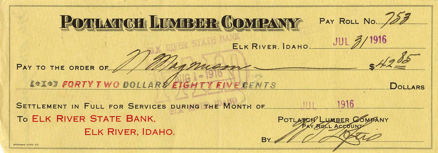A check made to N. Magnuson for $42.85 for full services during the month of July,1916.