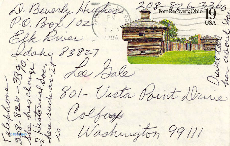The front of a postcard to Lee Gale in Colfax, Washington from D. Beverly Hughes of Elk River. The front of the postcard also includes telephone numbers.
