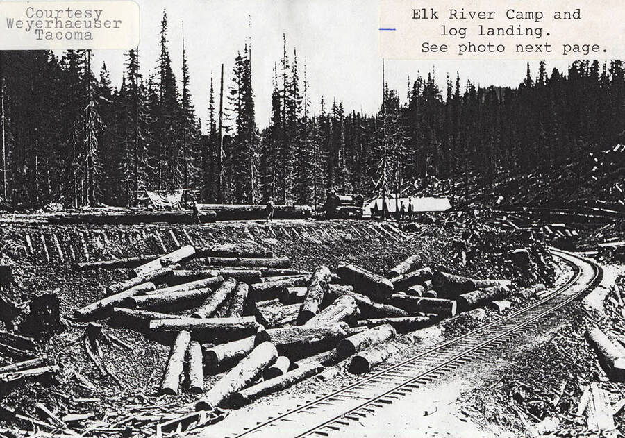 A photograph of an Elk River Camp and log landing.