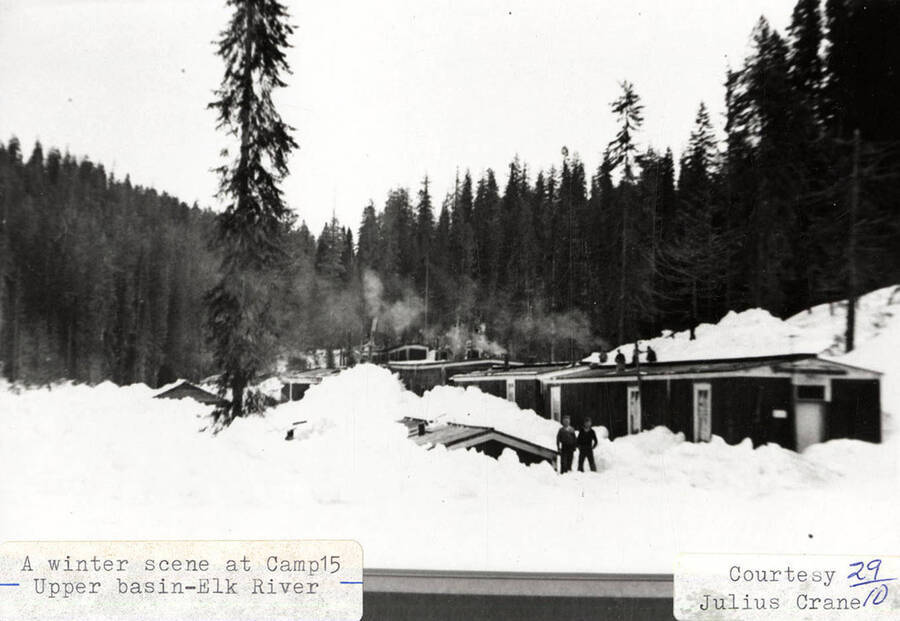 A photograph of a winter scene at camp 15 of the upper basin in Elk River, Idaho.