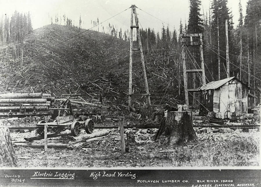 A photograph for high lead yarding at Potlatch Lumber Company's Elk River Camp. Used for electric logging with E.J. Barry as the electical engineer.