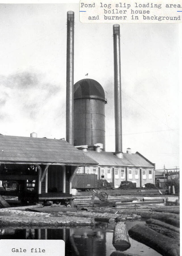 A photograph of the loading area of the pond log slip with the boiler house and burner in background.