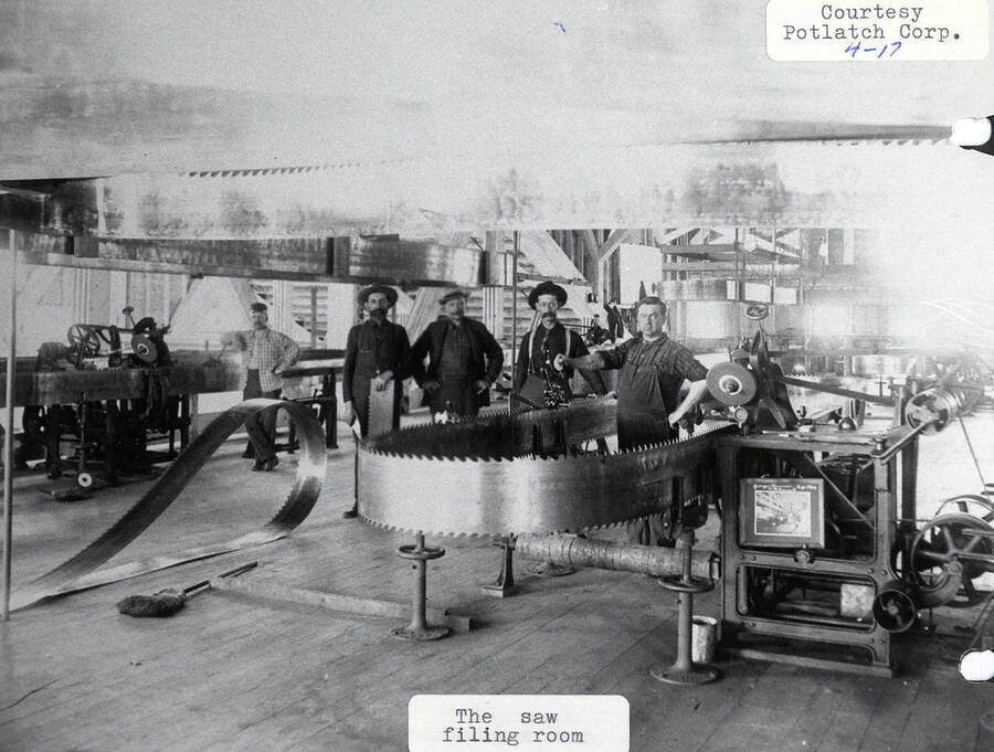 A photograph of employees in the saw filing room. Courtesy of Potlatch Corporation.