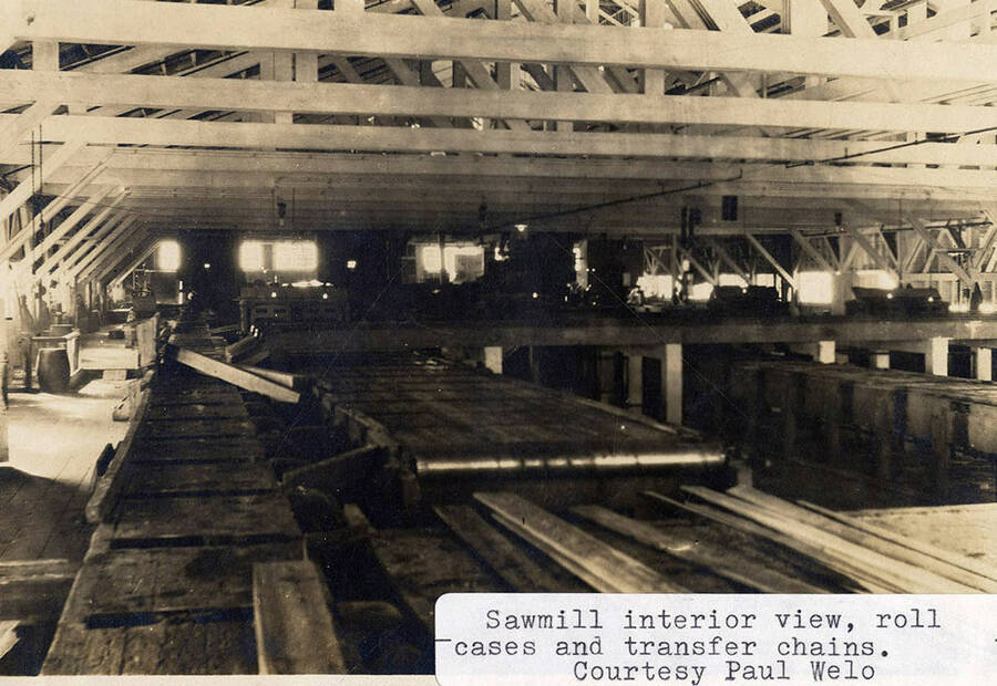 A photograph of the roll cases and transfer chains within the sawmill. Photo courtesy of Paul Welo