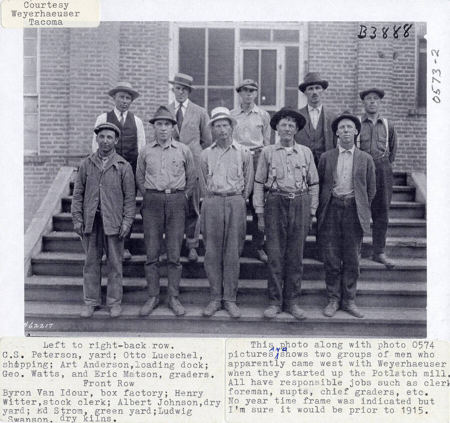 A photograph of the men who came west with Weyerhaeuser to start up the Potlatch mill. They had jobs like clerk, foreman, superintendents, and chief graders. Photo was taken prior to 1915.